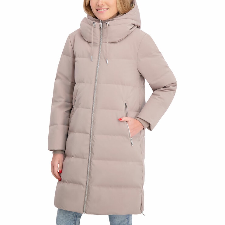 DKNY Ladies Long Down Coat with Hood in Taupe