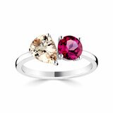 Pear Cut Morganite & Round Cut Garnet Ring, 18ct White Gold