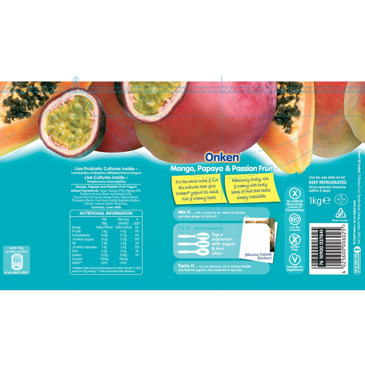 Label for 1kg pot of Onken Mango & Passion Fruit