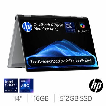 HP Omnibook X Flip, Copilot+ PC, Intel Core Ultra 5, 16GB RAM, 512GB SSD, 14 Inch Convertible 2 in 1 Laptop, 14-fm0005na