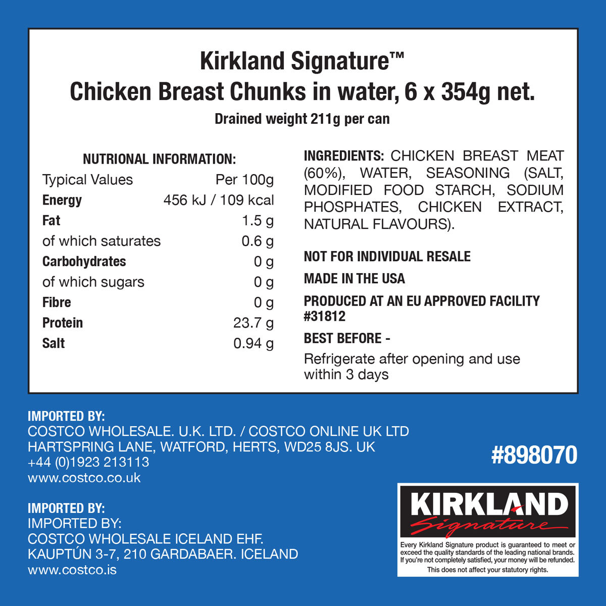 Kirkland Signature Premium Chunk Canned Chicken Breast, 6 x 354g