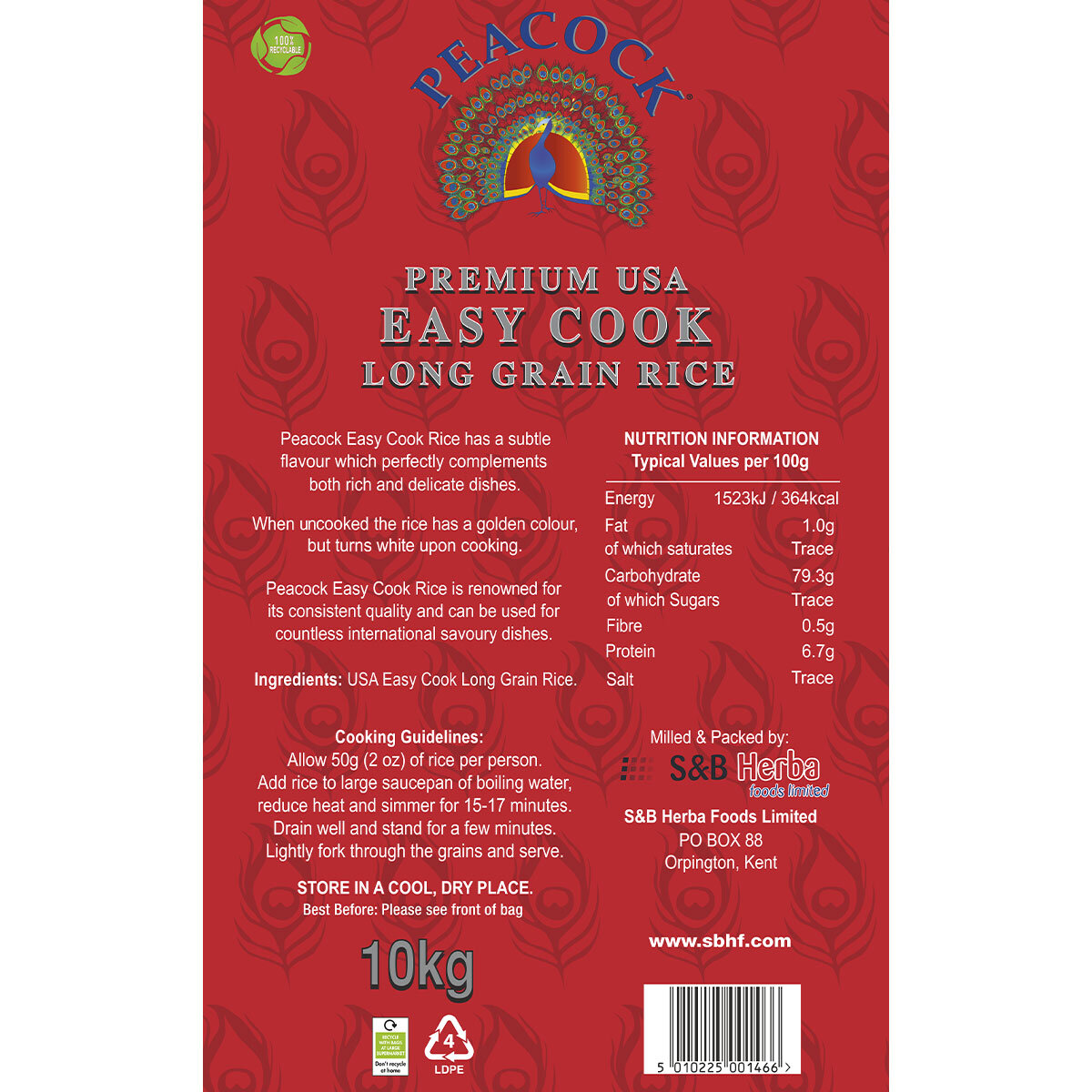Peacock USA Easy Cook Long Grain Rice, 10kg 93625