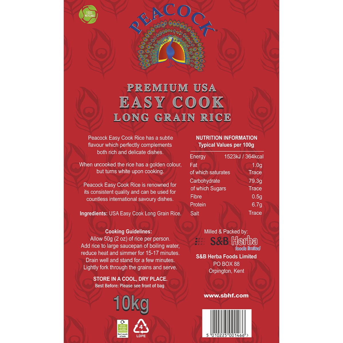 Peacock USA Easy Cook Long Grain Rice, 10kg 93625