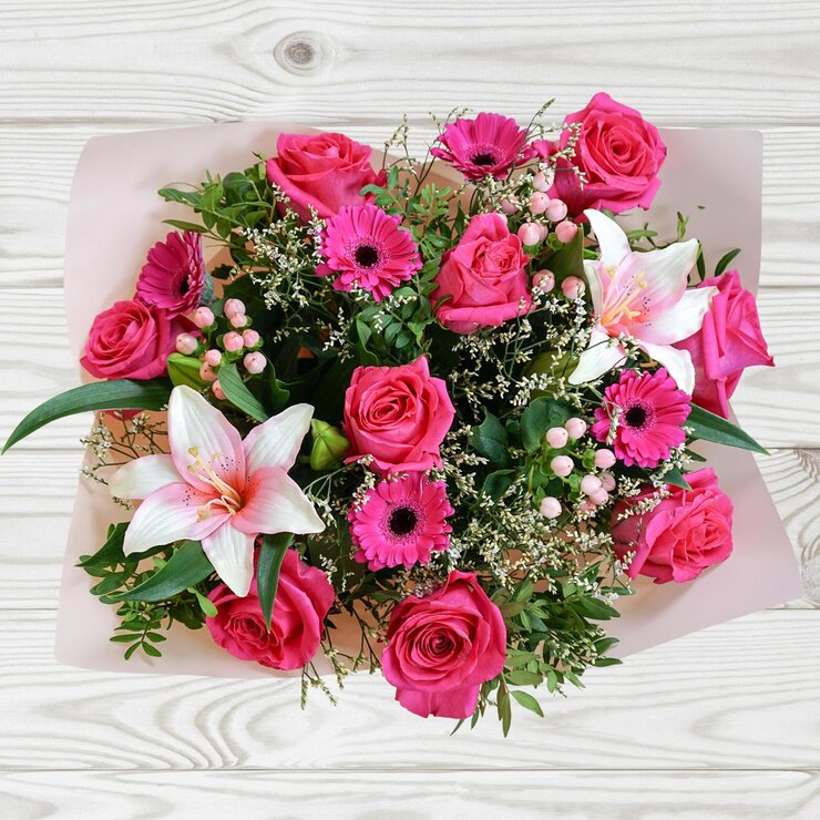 27 Stem Cerise Mixed Flower Bouquet with Greetings Card