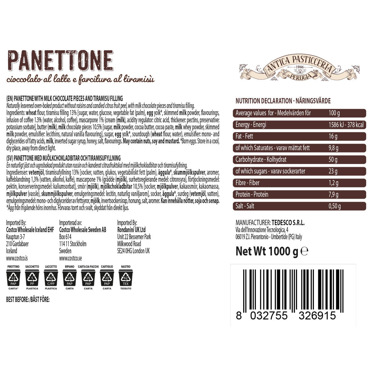 Antica Pasticceria Tiramisu & Chocolate Chip Hand Wrapped Panettone, 1kg