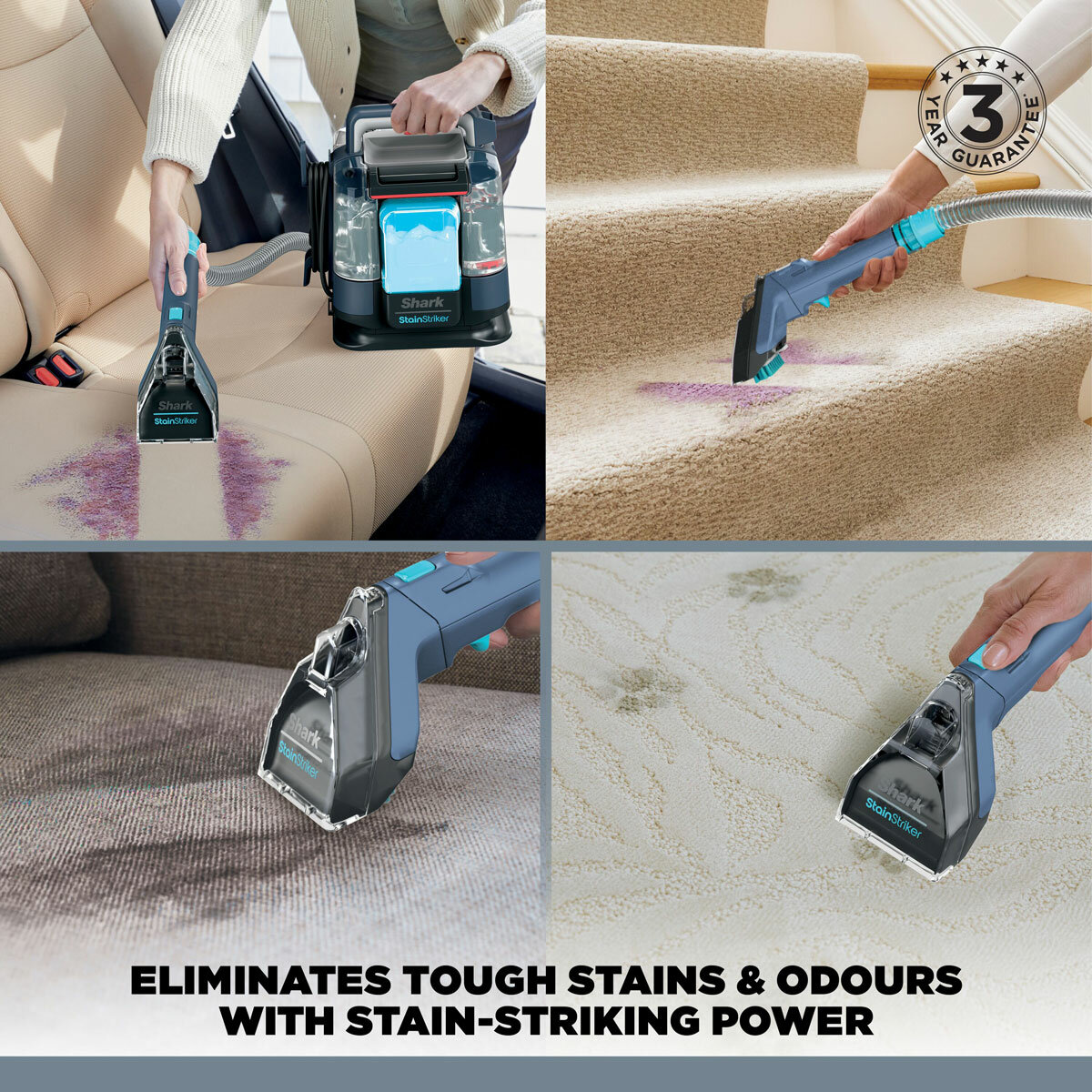 Lifestyle image of Shark StainStriker Stain & Spot Cleaner being used on multiple areas Lifestyle image of Shark StainStriker Stain & Spot Cleaner being used on multiple areas