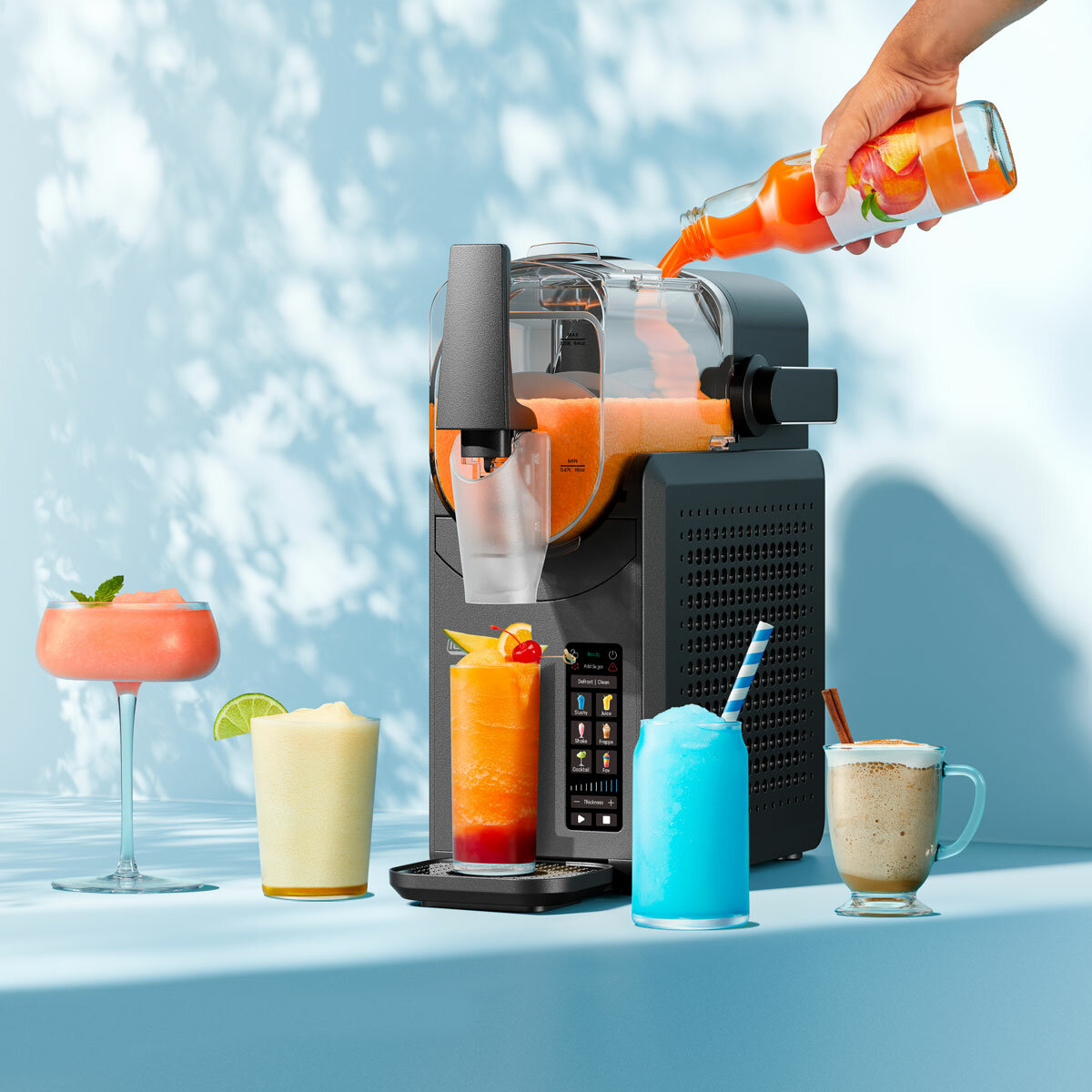 Lifestyle image of Iceman Slush-Ease Max Slushy Maker making various slushies