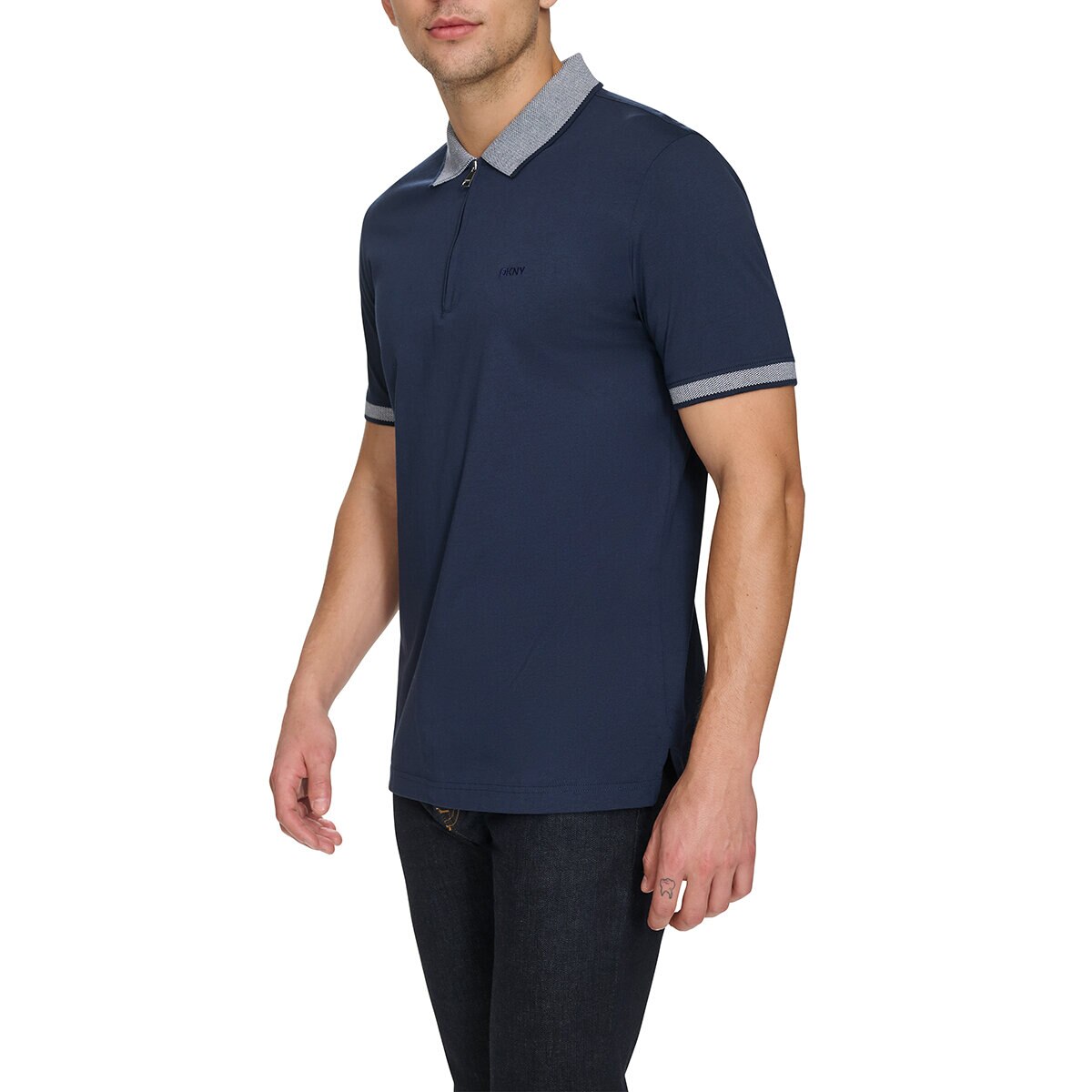 DKNY Men's Zip Collar Polo in Navy, Large