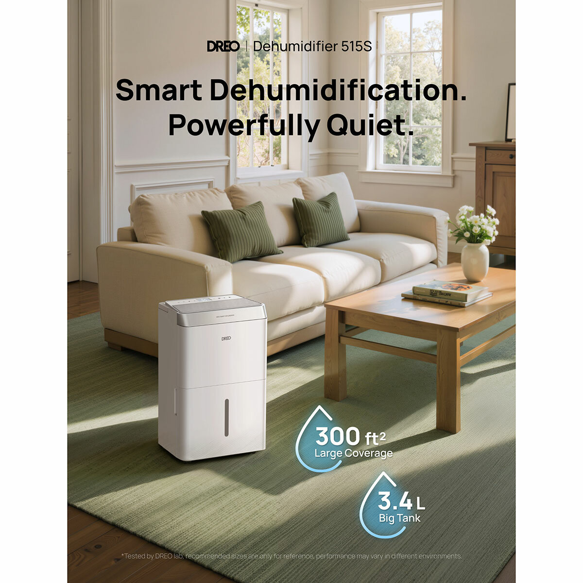 Lifestyle image of Dreo 16L Smart WiFi Dehumidifier in a living room Lifestyle image of Dreo 16L Smart WiFi Dehumidifier in a living room
