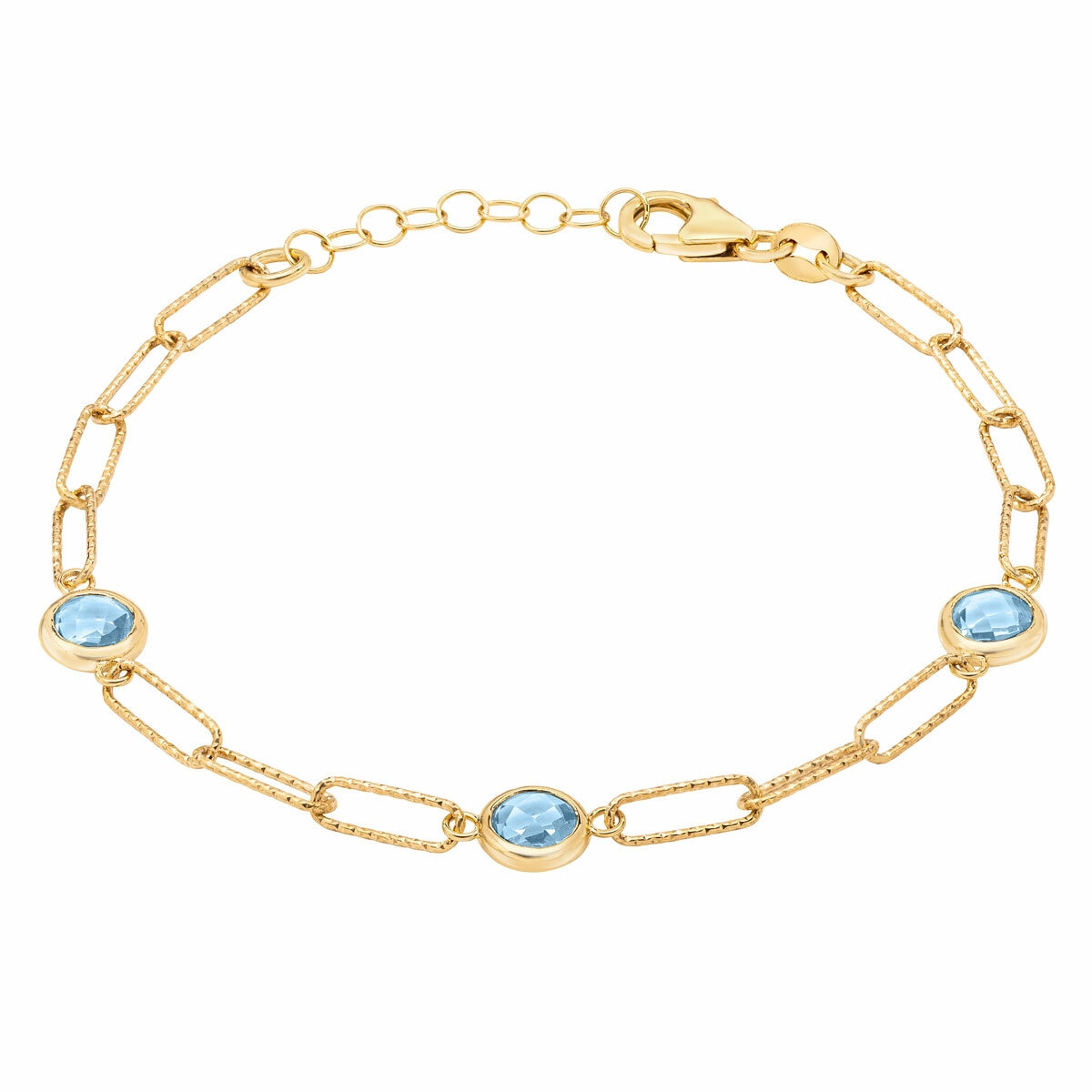 Round Cut Aquamarine Paperclip Bracelet, 14ct Yellow Gold