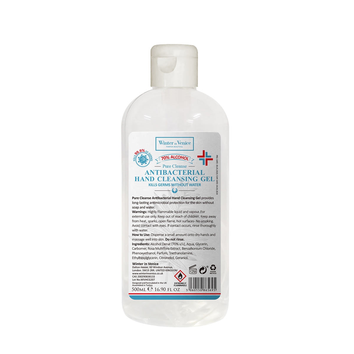 Winter in Venice Antibacterial Hand Cleansing Gel, 4 x 500ml (70% Alcohol)