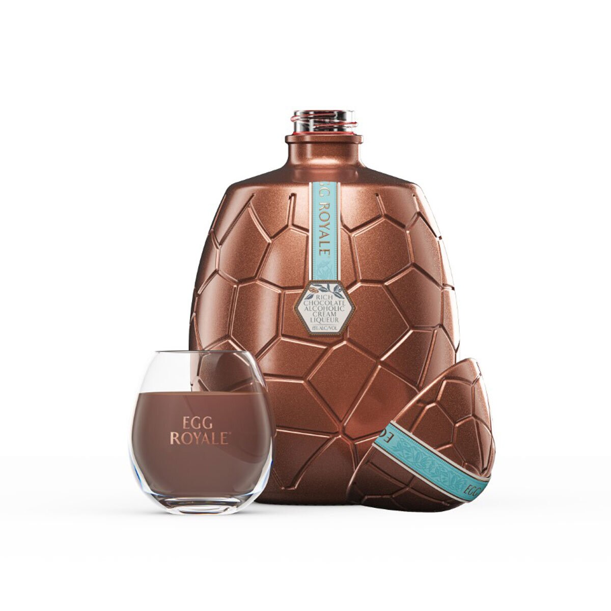 Egg Royale Chocolate Cream Liqueur with lid off and glass