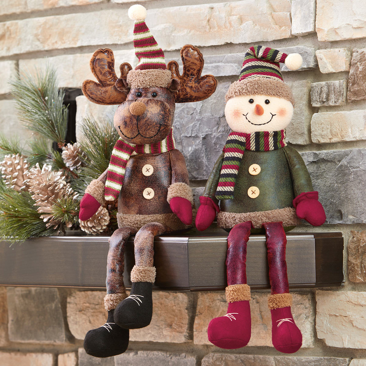20 Inch (50 cm) Christmas Leather-Look Set Of Two Posable Snowman And Moose Shelf Sitters