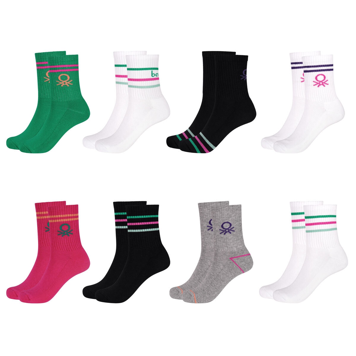 United Colors of Benetton Ladies Sport Crew Sock, Black/Colour 8 Pack