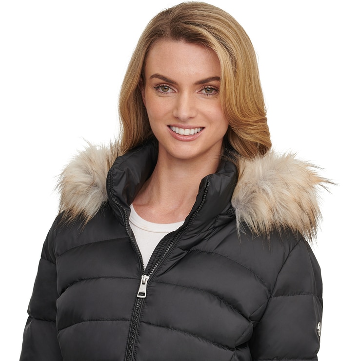 Andrew Marc Women's Short Down Jacket with Faux Fur Trim Hood in Black, Large