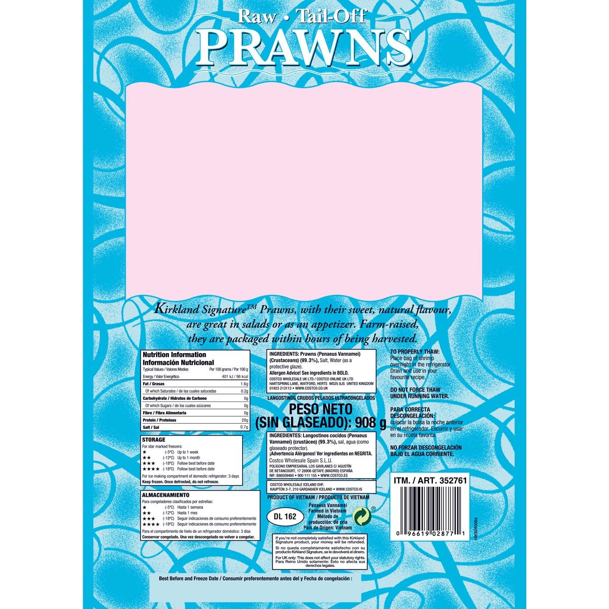 Kirkland Signature Raw Tail Off Prawns, 908g
