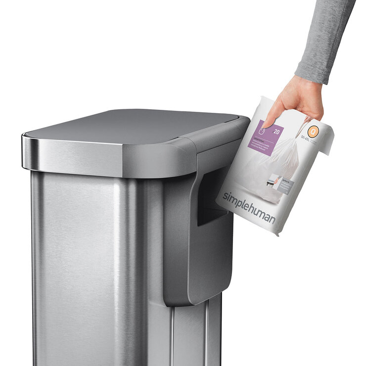 Simplehuman 55L Rectangular Step Bin, Brushed Stainless Steel with Grey Plastic Lid