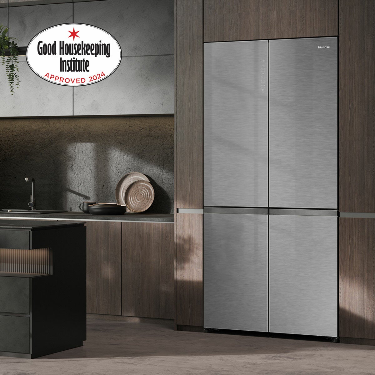 Hisense KitchenFit RQ768N4GVE, Non Plumbed Multidoor Fridge Freezer, E Rated In Silver Glass Hisense KitchenFit RQ768N4GVE, Non Plumbed Multidoor Fridge Freezer, E Rated In Silver Glass