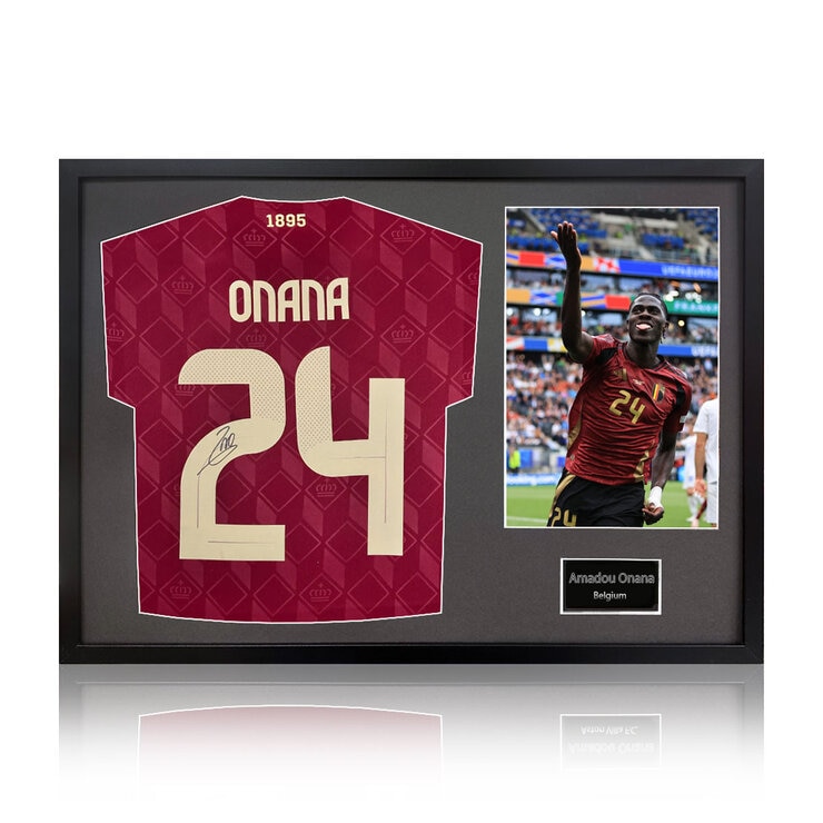 Amadou Onana Signed Framed Belgium Football Shirt including 1 Photo in 2 Options: White or Black Mount Amadou Onana Signed Framed Belgium Football Shirt including 1 Photo in 2 Options: White or Black Mount