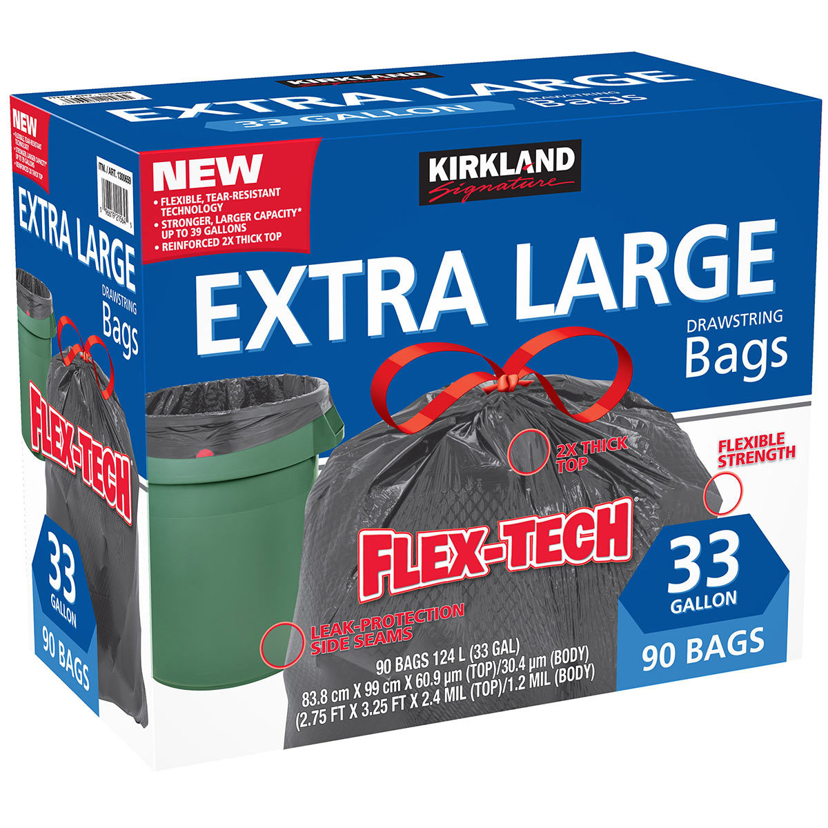 Kirkland Signature 33 Gallon Flex-Tech Bin Bags, Pack of 90