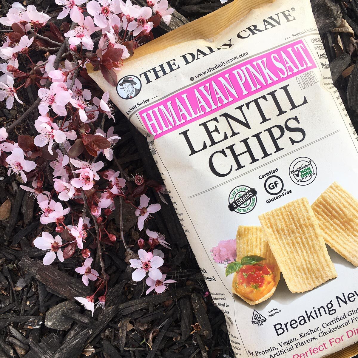 Lifestyle image of chips next to blossom