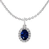 Oval Cut Sapphire & 0.16ctw Diamond Halo Pendant, 14ct White Gold