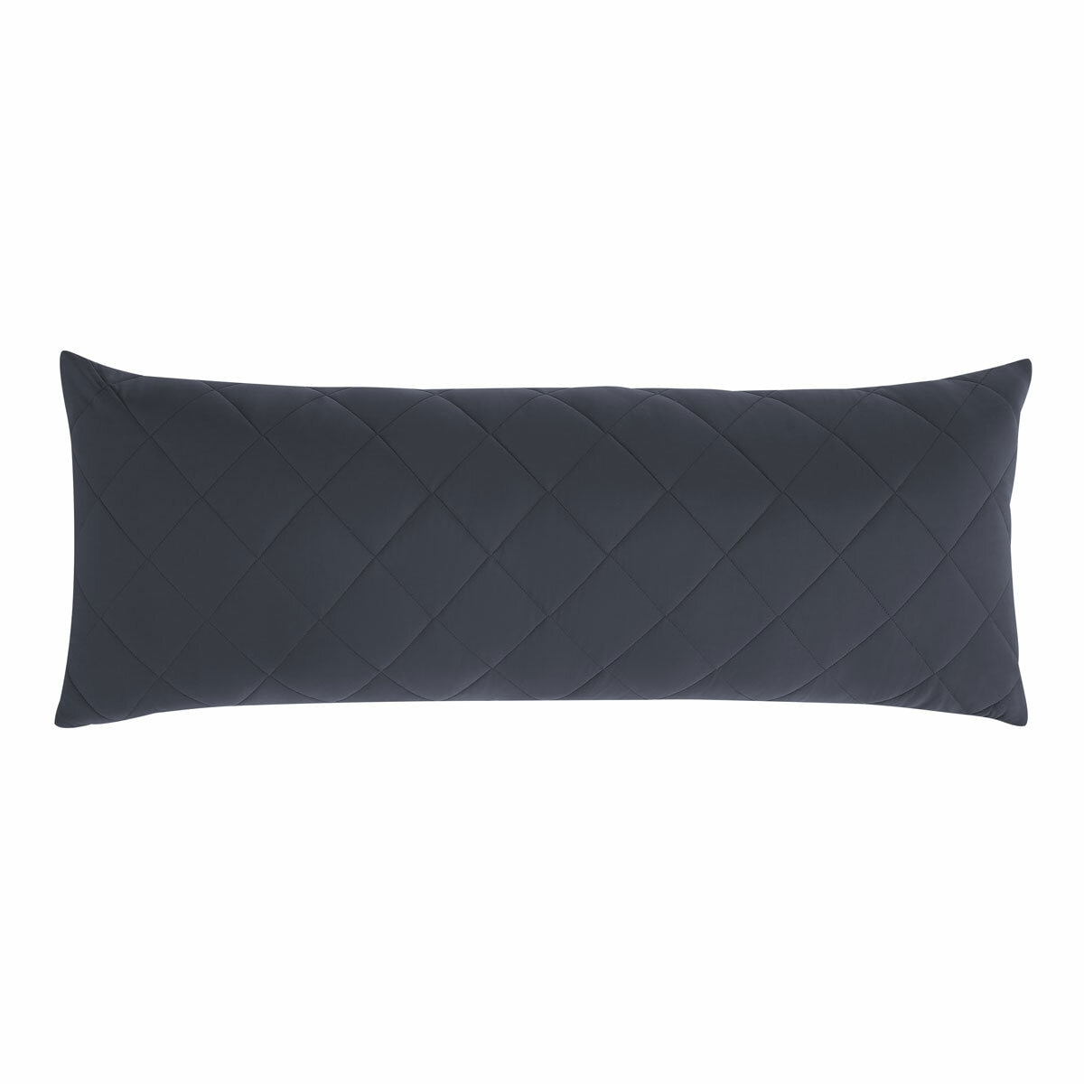 Quilted blue body pillow with diamond stitching placed in front of two white pillows on a neatly