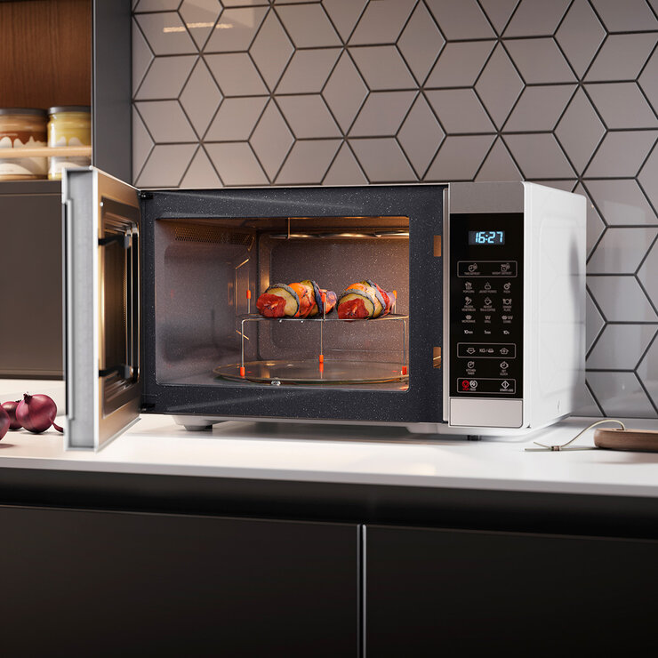 Lifestyle image of Sharp 28 Litre 900W Digital Microwave with 1100W Grill on kitchen top