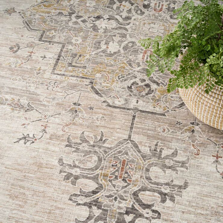 Beige and grey rug with central medallion and ornate symmetrical pattern