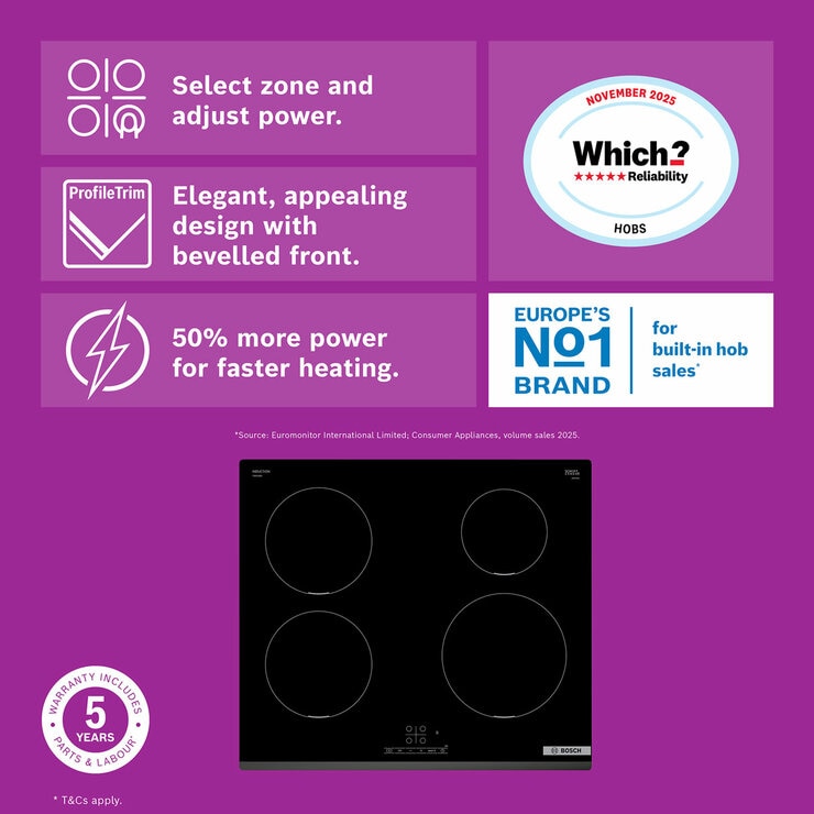 Bosch Series 4 PIE631BB5E 60cm Touch Control Induction Hob in Black Bosch Series 4 PIE631BB5E 60cm Touch Control Induction Hob in Black