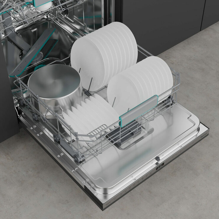 Open Dishwasher with loaded plate rack_HV673A60UK