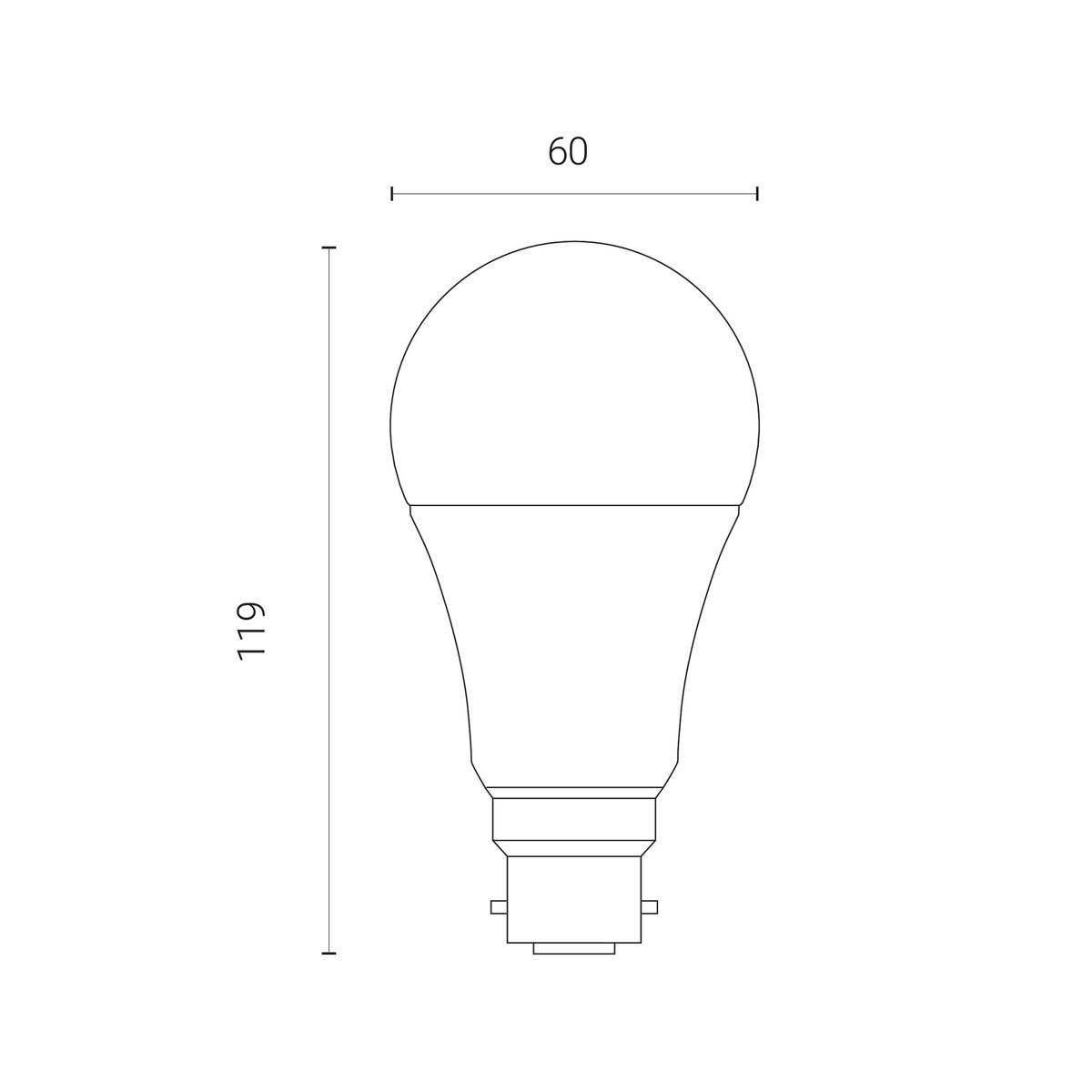 Line drawing of light bulb on white background with dimensions