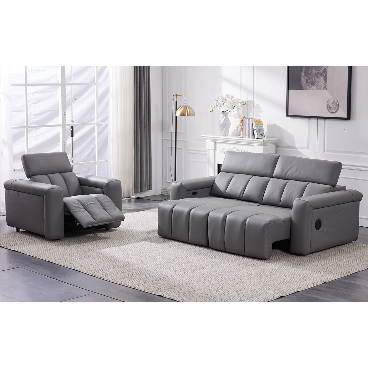 Dallas Grey Leather Power Sliding 3 Seater Sofa