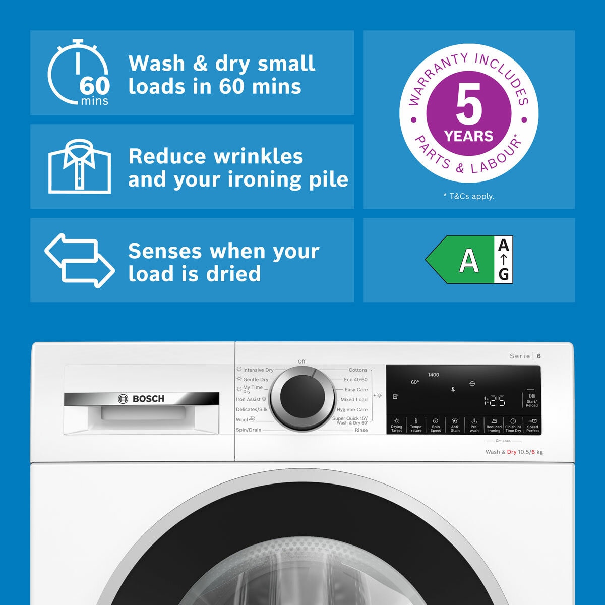 Bosch WNG25401GB Series 6 Washer Dryer, 10.5/6kg Capacity, D Rated in White