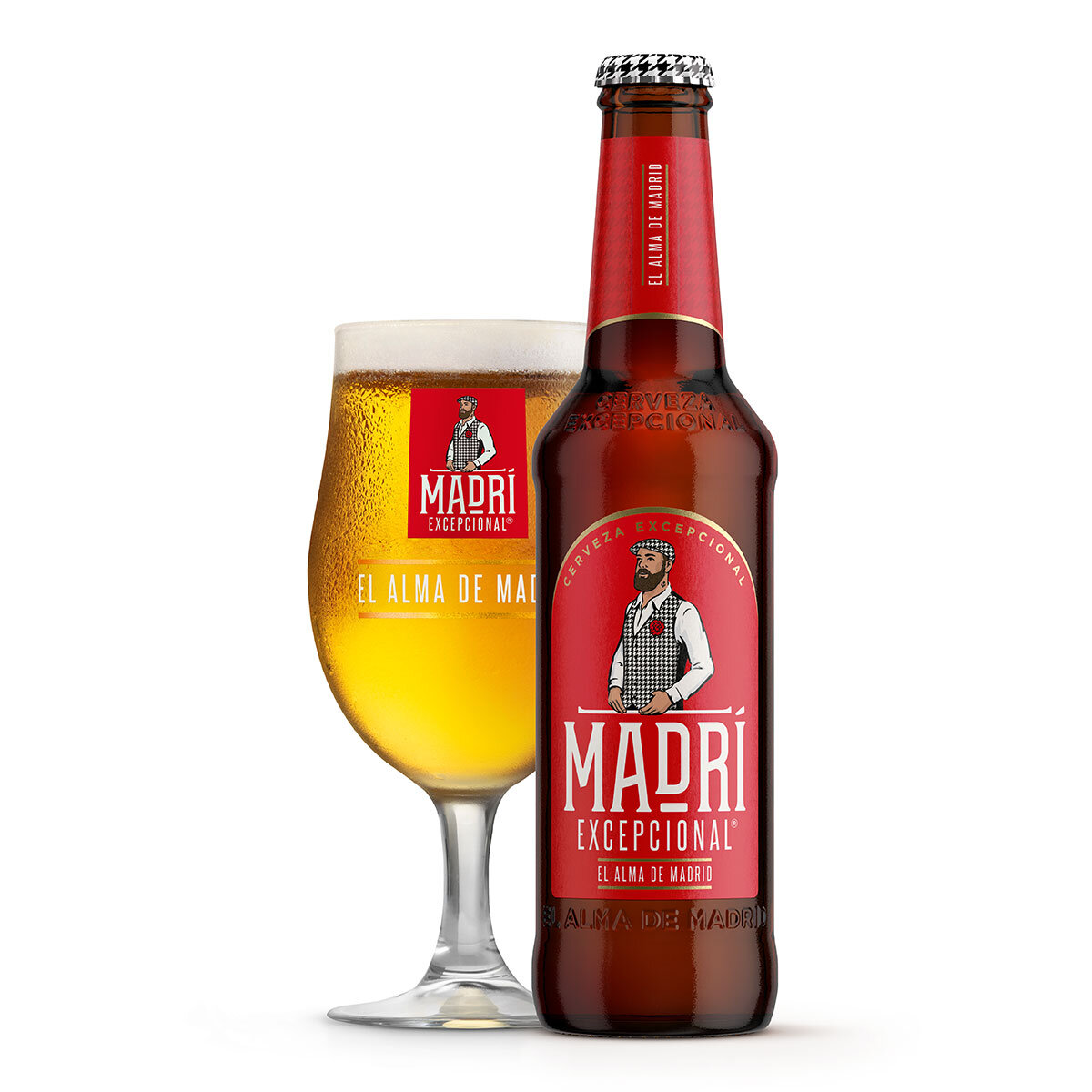 Madri Exceptional Premium Lager bottle with glass