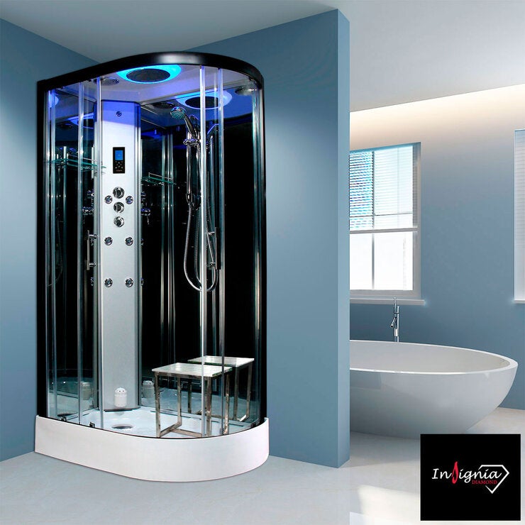 Insignia Diamond 1100mm Offset Quadrant Left Hand Steam Shower with Black Frame Insignia Diamond 1100mm Offset Quadrant Left Hand Steam Shower with Black Frame