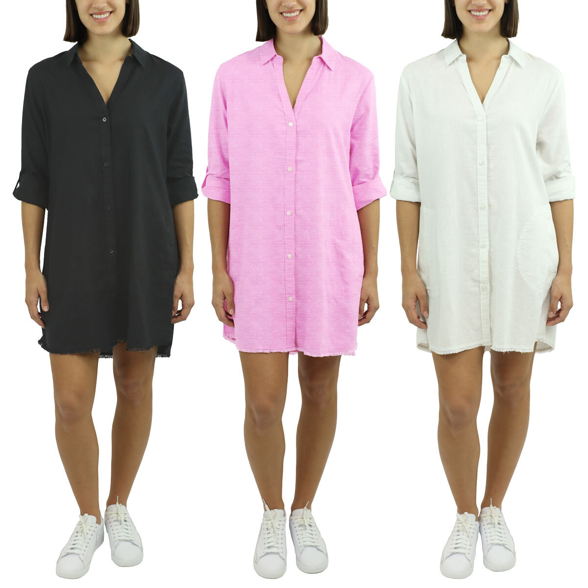 Jachs Ladies Roll Sleeve Linen Blend Dress in 3 Colours