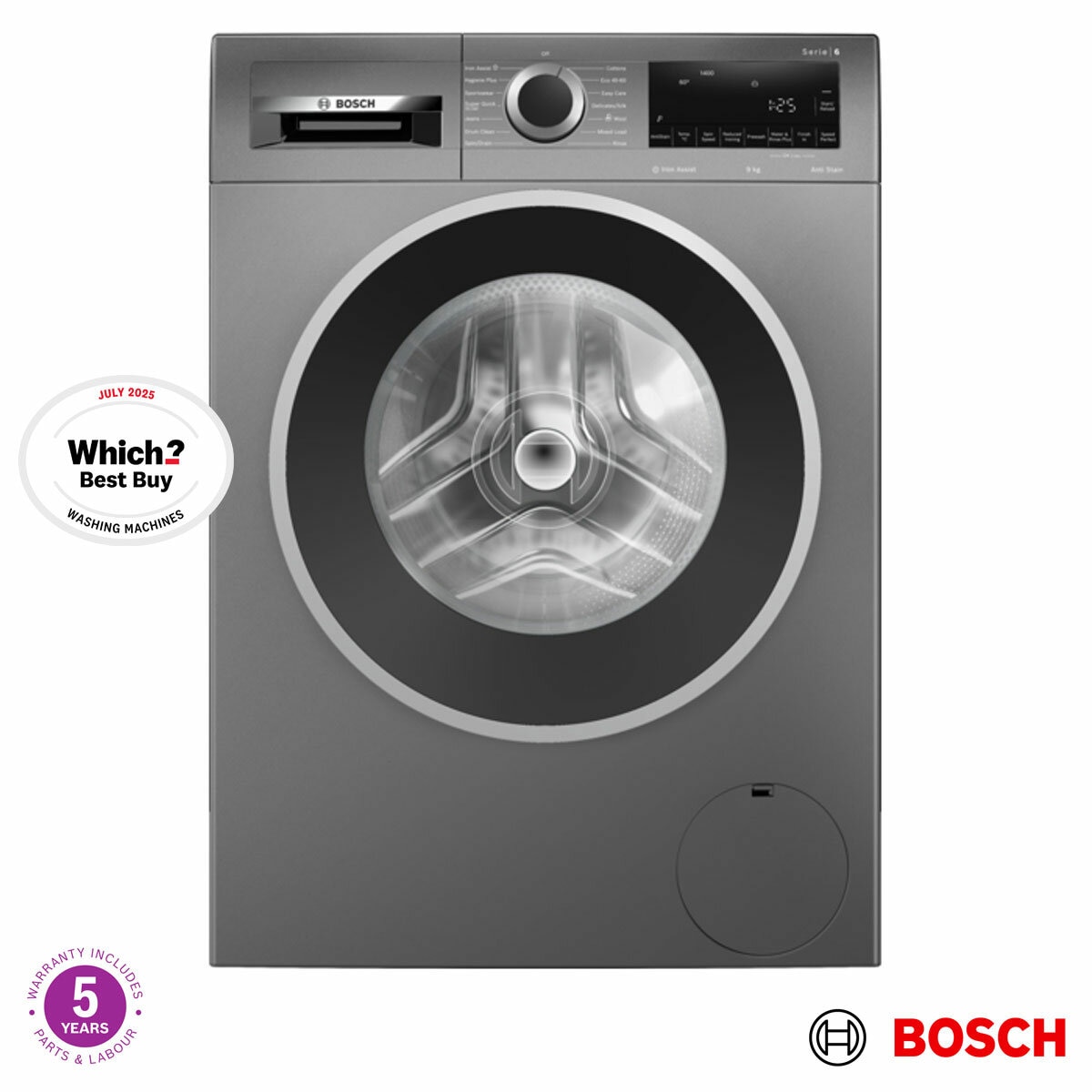 Bosch WGG244ZCGB Series 6, 9kg Washing Machine, A Rated in Graphite