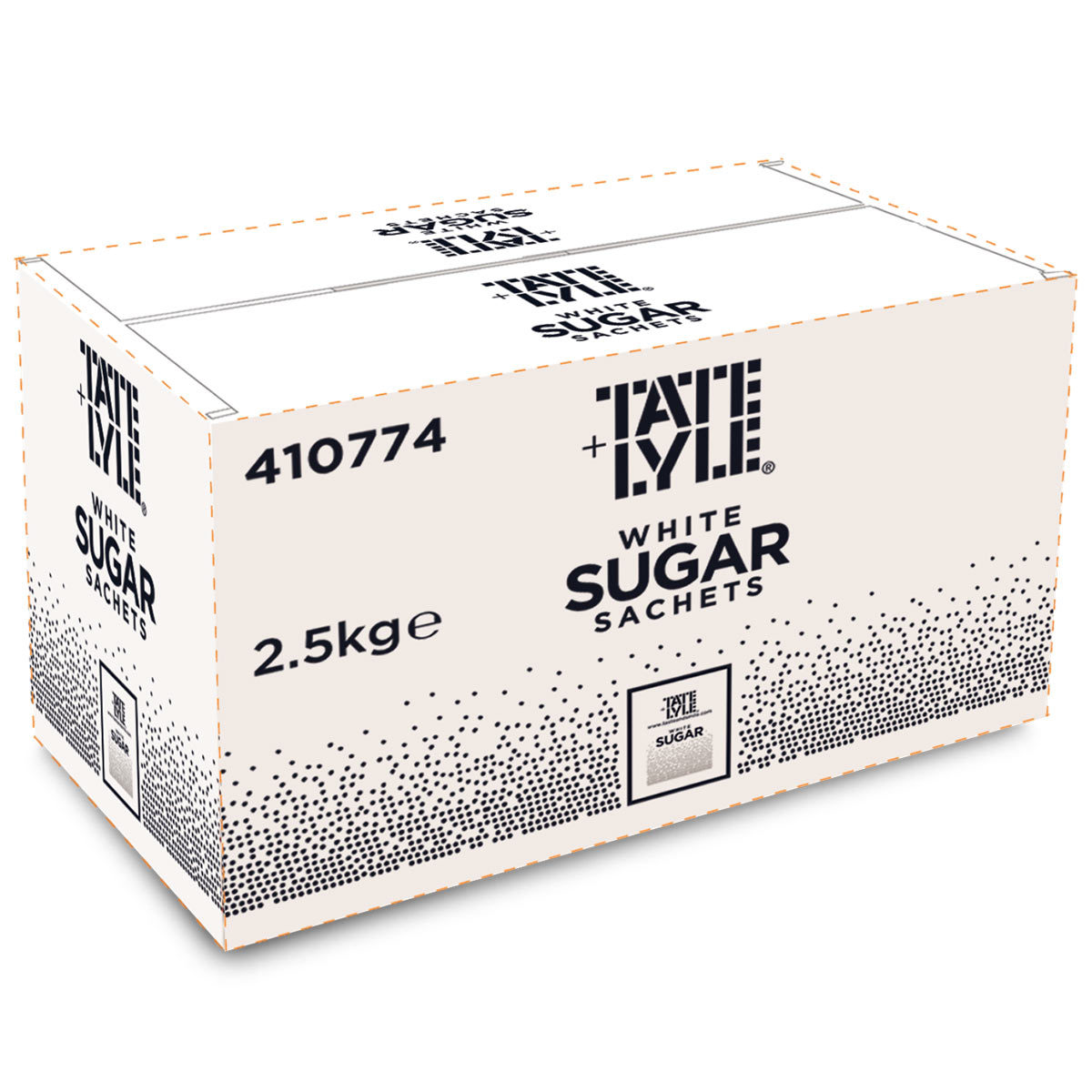 Image of white Tate & Lyle box on white background with White Sugar Sachets text