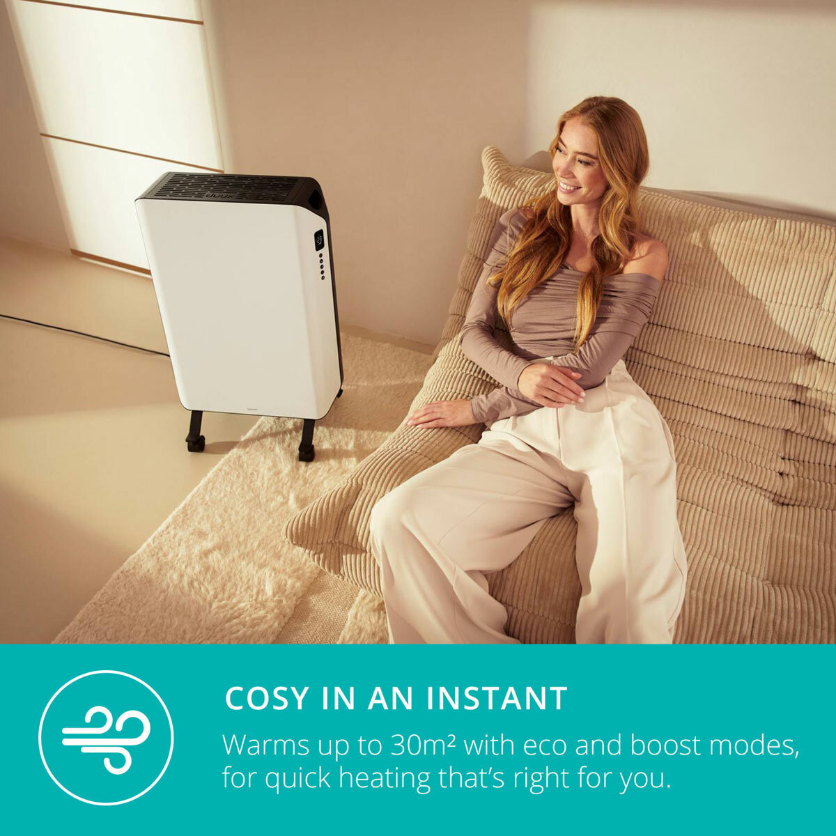 Lifestyle image of Edge Oil Smart Heater 2000W being used in a space up to 30m squared