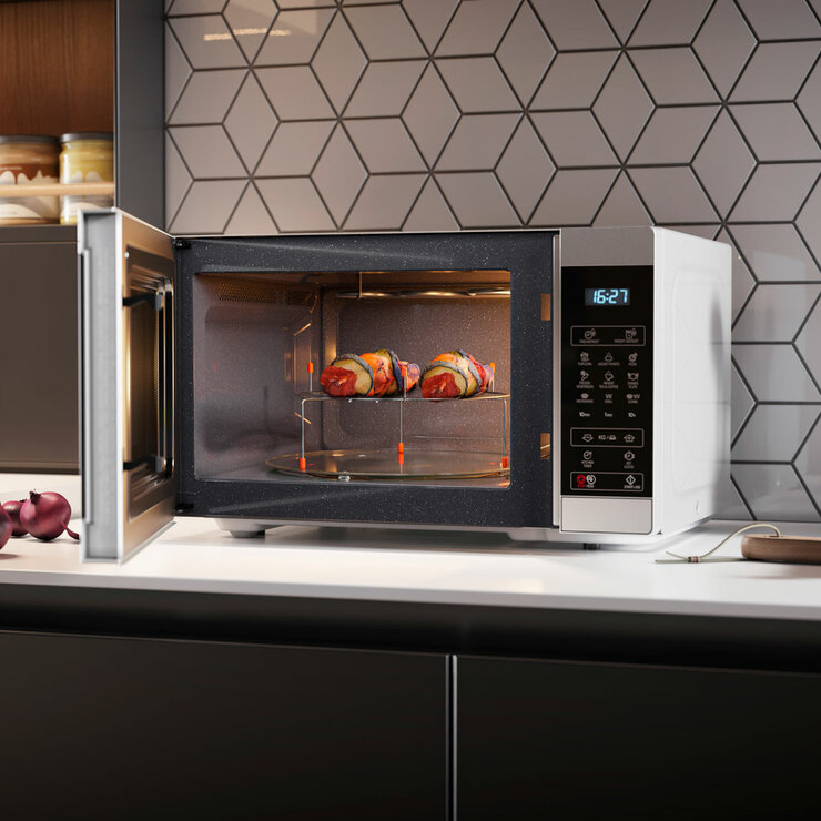 Lifestyle image of Sharp 28 Litre 900W Digital Microwave with 1100W Grill  with grill rack inside