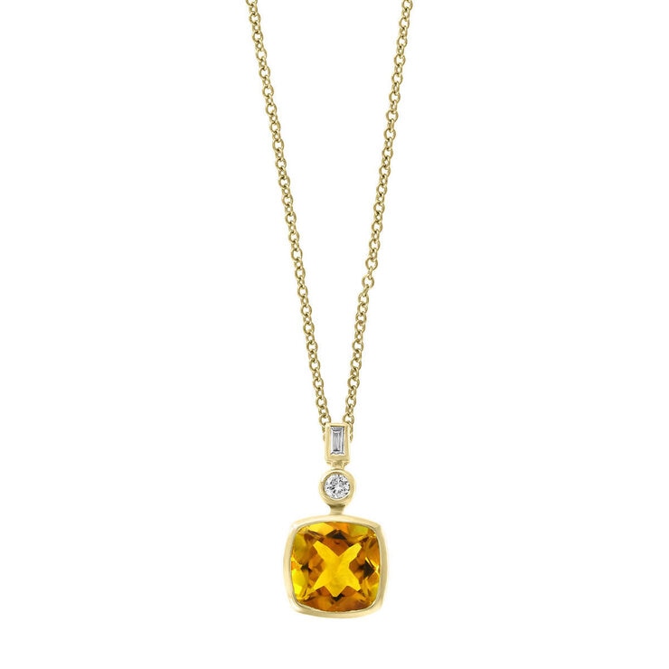 Cushion Cut Citrine & 0.07ctw Diamond Pendant, 14ct Yellow Gold Cushion Cut Citrine & 0.07ctw Diamond Pendant, 14ct Yellow Gold