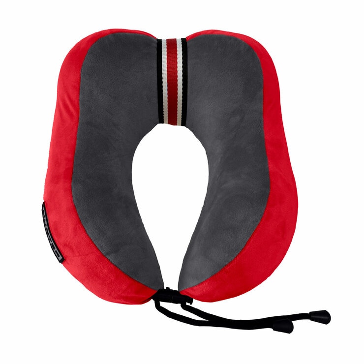 Red and dark grey travel pillow with striped accent and secure drawstring