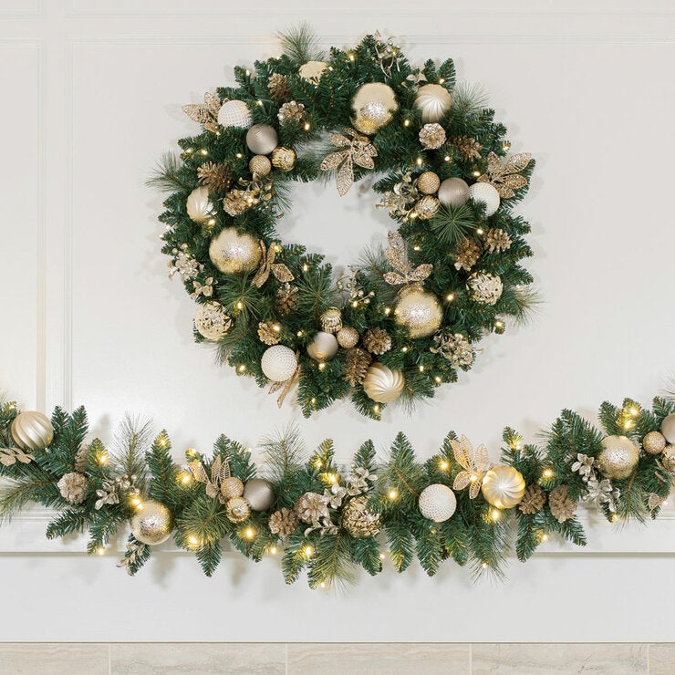 30 inch (76cm) Pre-Lit Decorated Wreath with 50 LED Lights in Metallic 30 inch (76cm) Pre-Lit Decorated Wreath with 50 LED Lights in Metallic