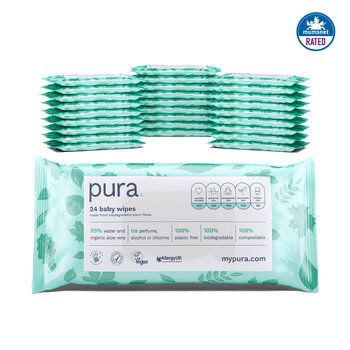 Pura 100% Plastic Free, Biodegradable Baby Wipes, 28 x 24 Pack (672 Wipes)