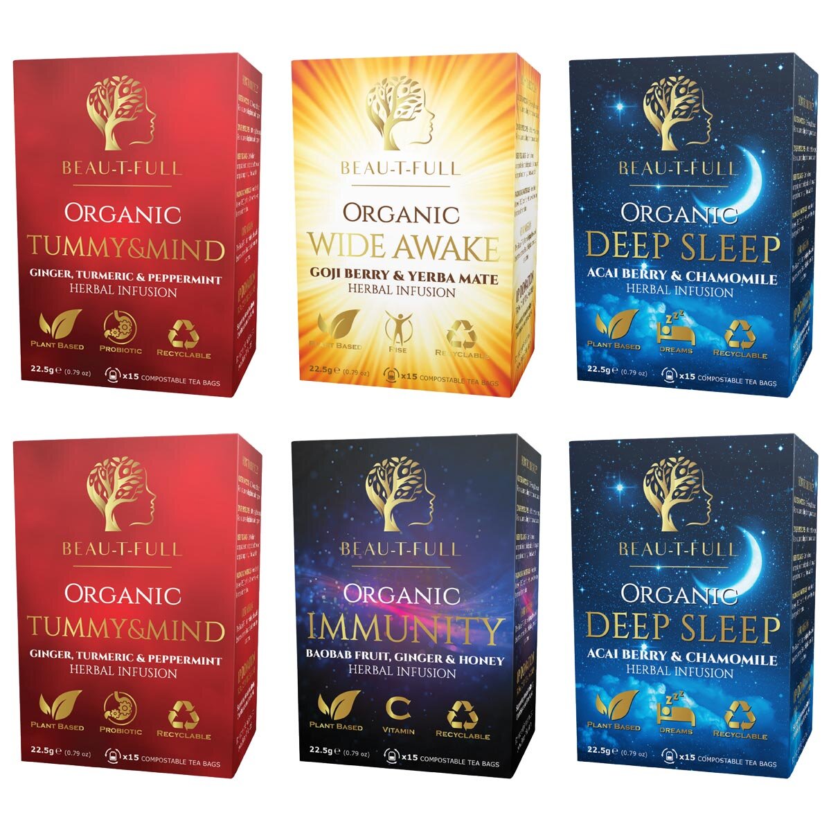 Beau-T-Full Tea Organic Tea Bag Assortment, 6 x 15 Pack