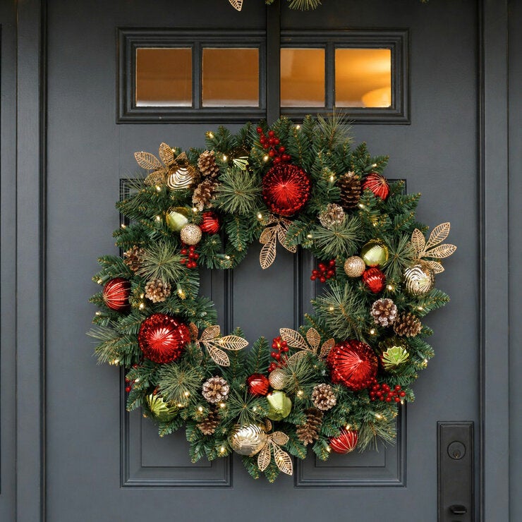 30 inch (76cm) Pre-Lit Decorated Wreath with 50 LED Lights in Red 30 inch (76cm) Pre-Lit Decorated Wreath with 50 LED Lights in Red