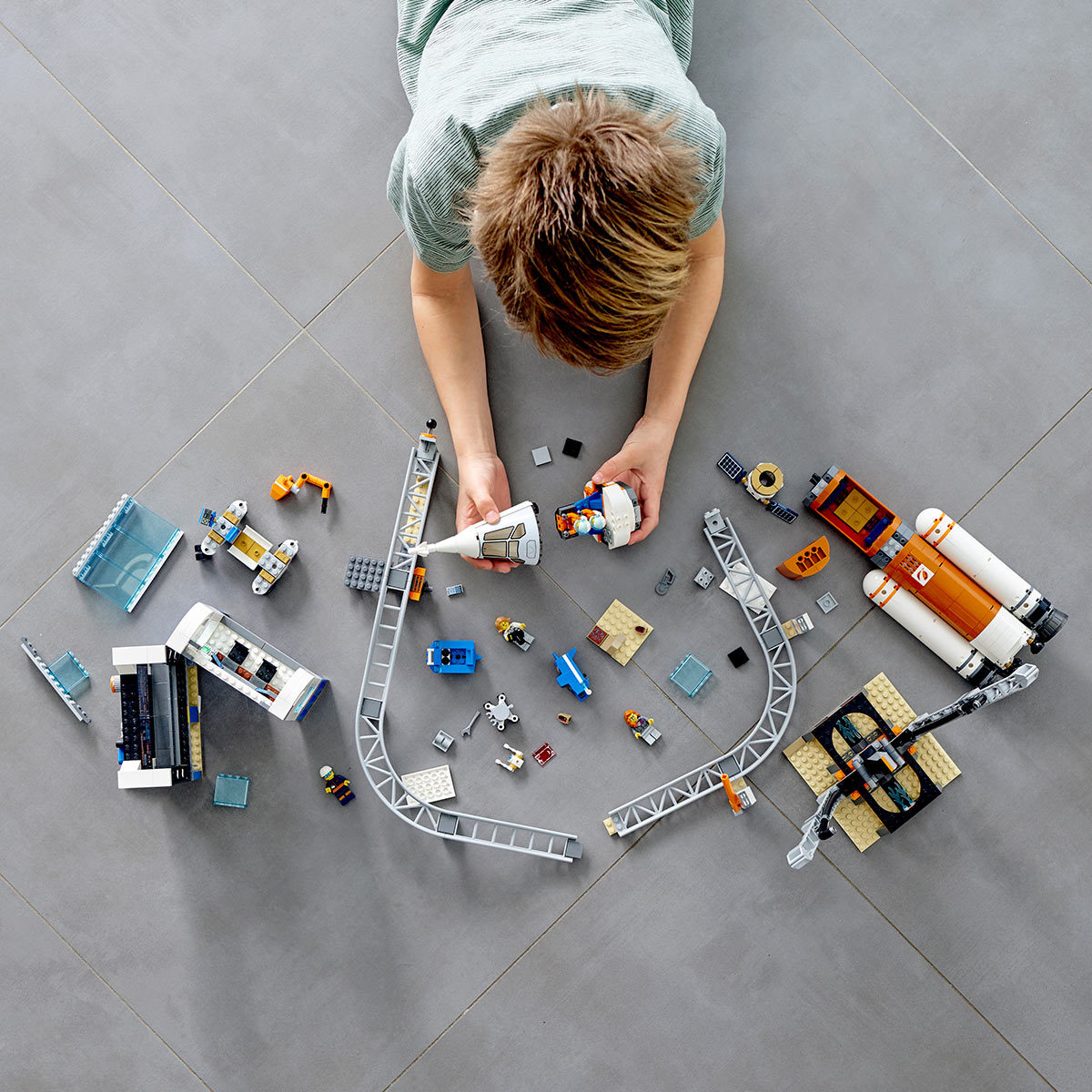 Birds eye view of the deep space rocket with launch control being played with