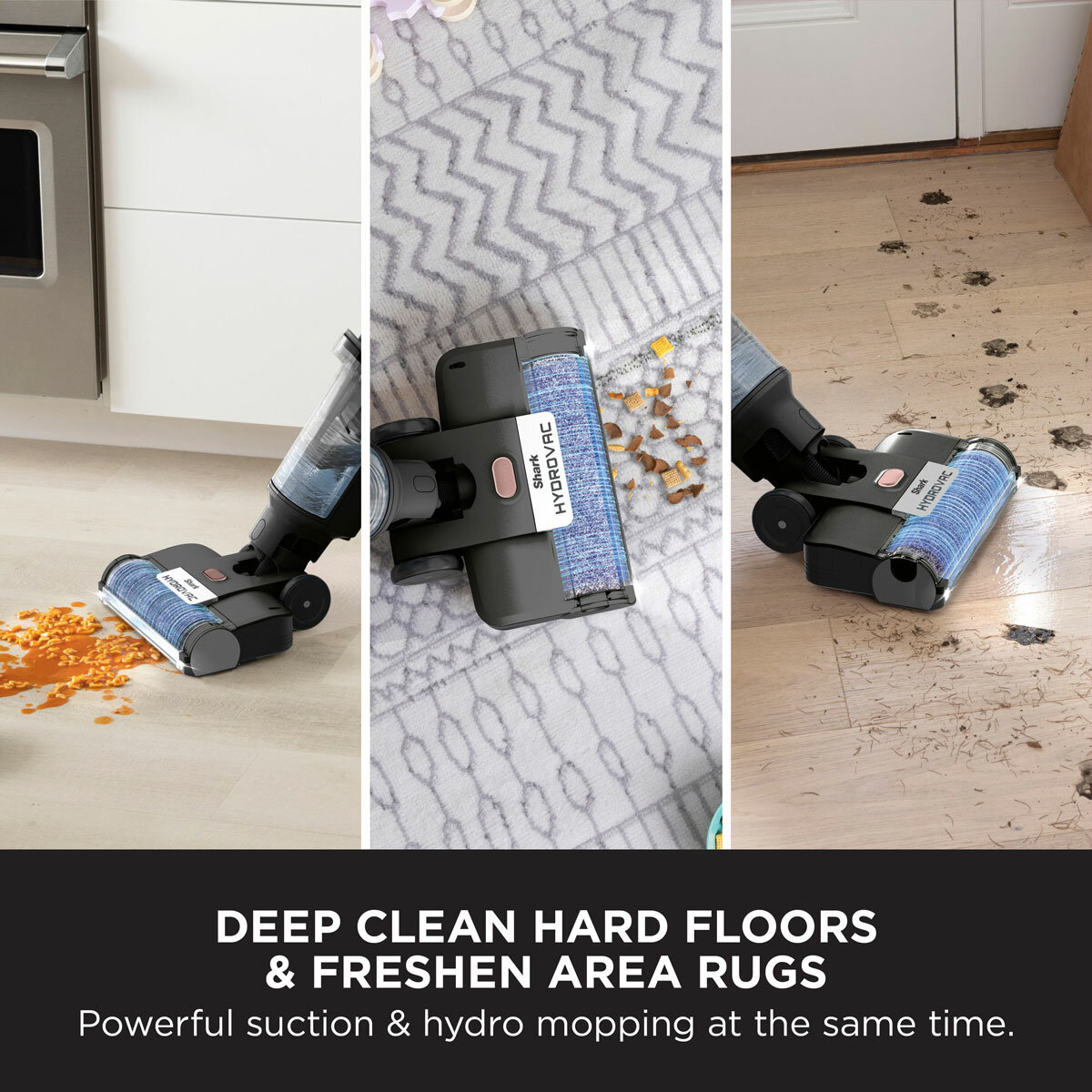 Lifestyle image of Shark HydroVac Cordless Hard Floor Cleaner cleaning hard floors and rugs