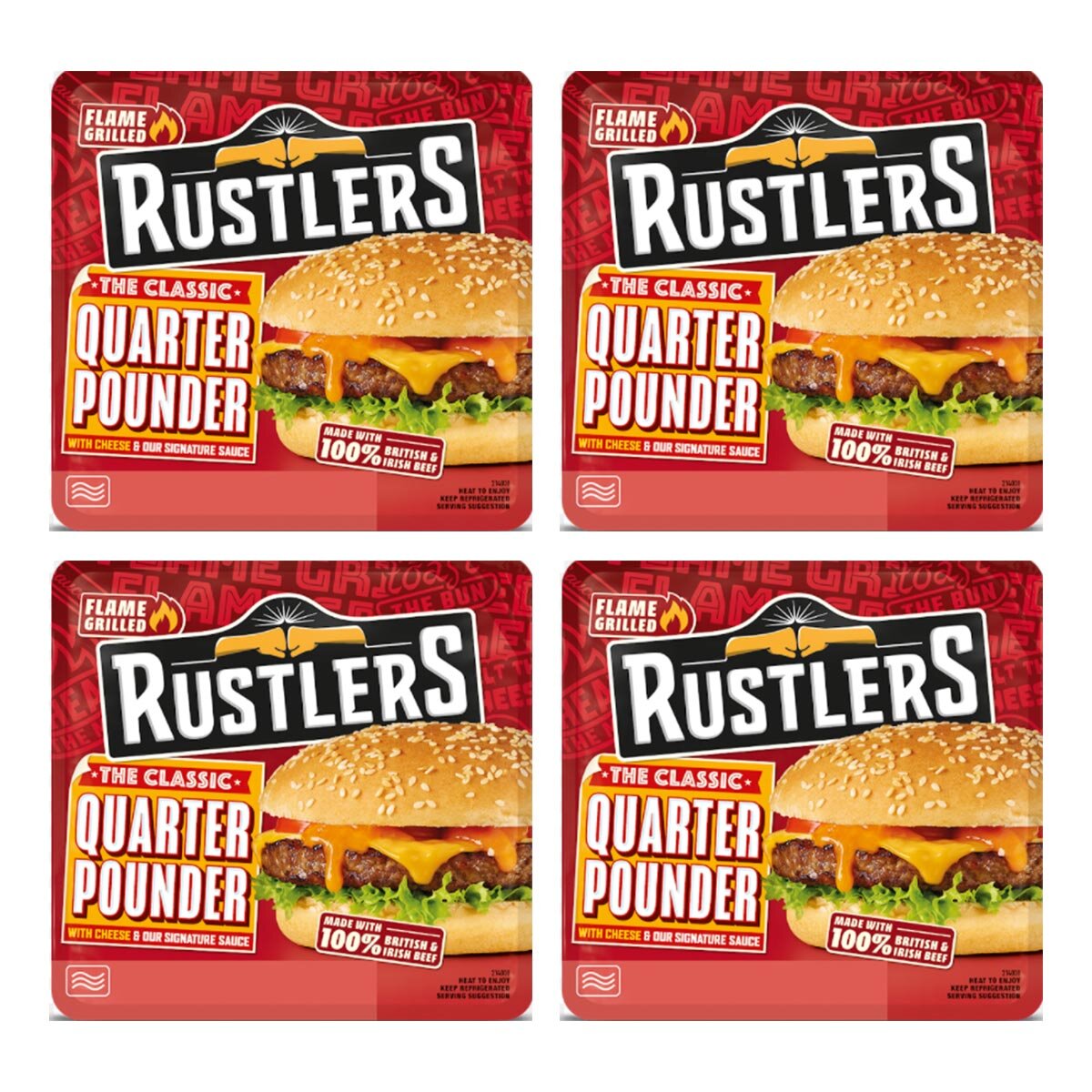 Image of packaging for Rustlers Quater Pounder Burgers
